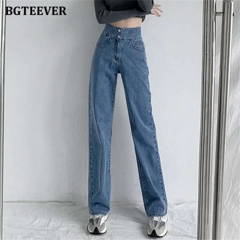 BGTEEVER Vintage Lâche Double Bouton Femme Denim Pantalon Printemps Taille Haute Droite Femmes Jeans Pantalon 220701