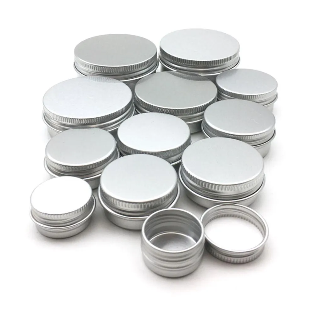 Aluminium Jar Tins Skruvstopp Rundan aluminiumburkar Metallförvaringsburkar med skruvar med skruvar för läppbalsambehållare