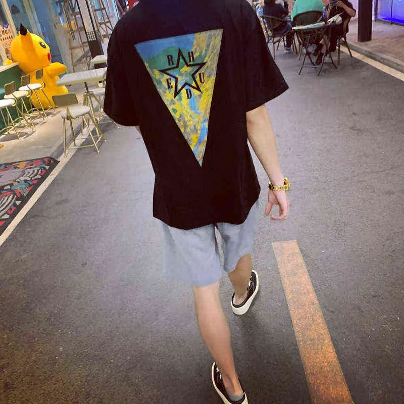 Ins Brand Rhude Inverted Triangle Printing Short Sleeve Fashion High Street Wash Old Loose T-shirt for Lovers
