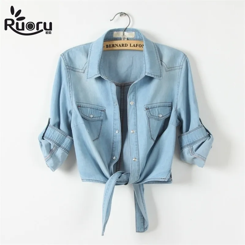 kimono Denim Shirt Short Sleeve Womens Tops Chemise Femme Crop Top Sexy Short Jeans Shirt Blouse Summer Cool Feminine Shirts 210401