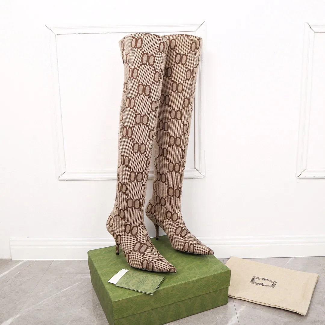 Hackerprojektet Aria stickade långa stilettstövlar strumpa Over knähög stretch lårhög spetsig tå Ankel Booties för kvinnor lyxiga designerskor fabriksskor