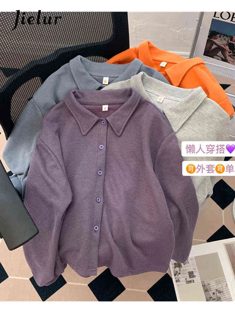 Jielur Otoño Manga completa Polo Collar Sudaderas con capucha cortas Mujeres Nuevo Color Sólido Camisas Púrpuras Básicas Sudadera Femenina de un solo pecho Y220810