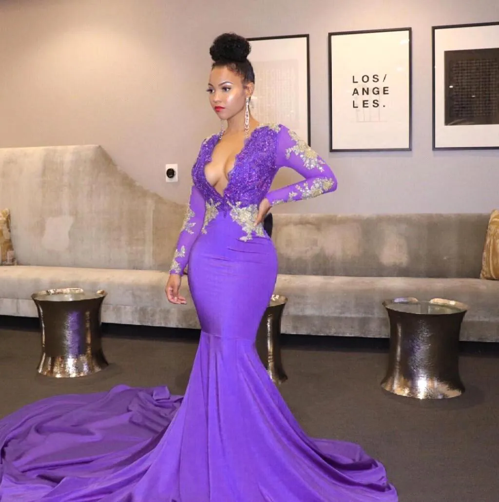 Elegante vestidos de baile roxo sexy profundo decote em v puro Laço de manga longa laço apliqueiro sereia vestidos de noite de sereia africano meninas festa de formatura desgaste