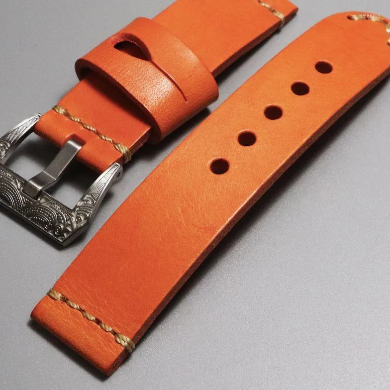 Titta på band anlända mode 22 24mm high-end handgjorda äkta läderband Watchband Orange Watchband med mjukt kohudarmbandrem