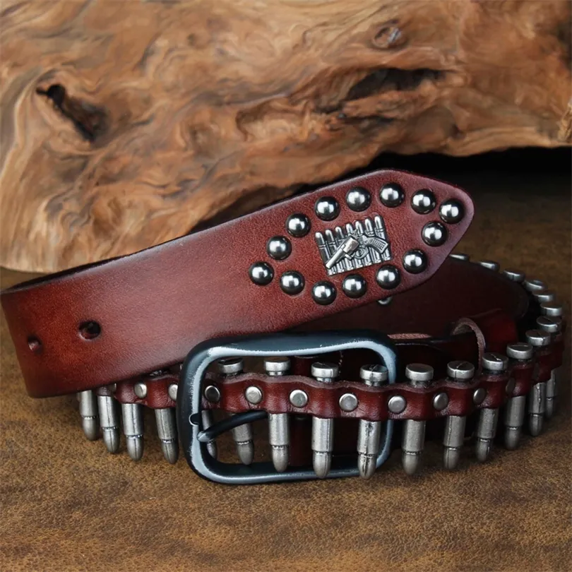 Cetiri Punk Bullet Rivet Belt Men's Top Grain Real Leather Belt Pin Buckle Belt för Jeans Female Personality Cool Gift T200327