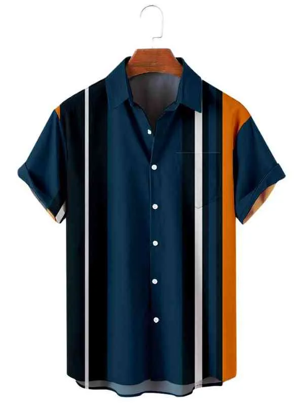 2022ニューハワイアンメンズシャツカラジカのためのカジュアルトップイギリスのTシャツ男性衣類G220511用カラフルなストライプグラフィティ半袖シャツ