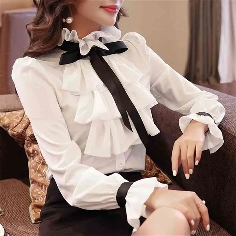 Kvinnor toppar vit ruffle bow hals långärmad skjorta chiffong wear office blusas femininas harajuku blus skjorta 570A 210401