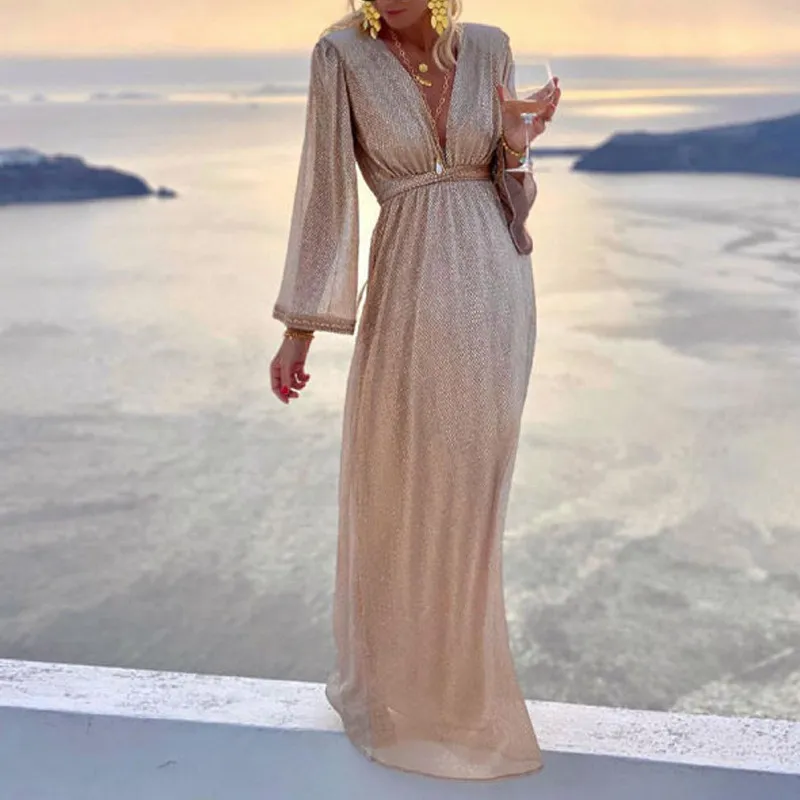 Manches longues plus robe de taille féminine élégante paillette maxi robe de soirée en V robe à col