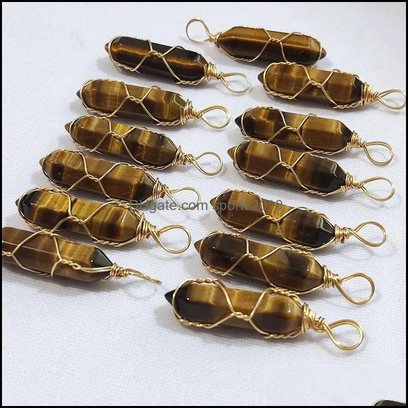 gold wire wrap natural stone charms tiger eye pillar bullet shape point chakra pendants for jewelry making handmade craft sports2010