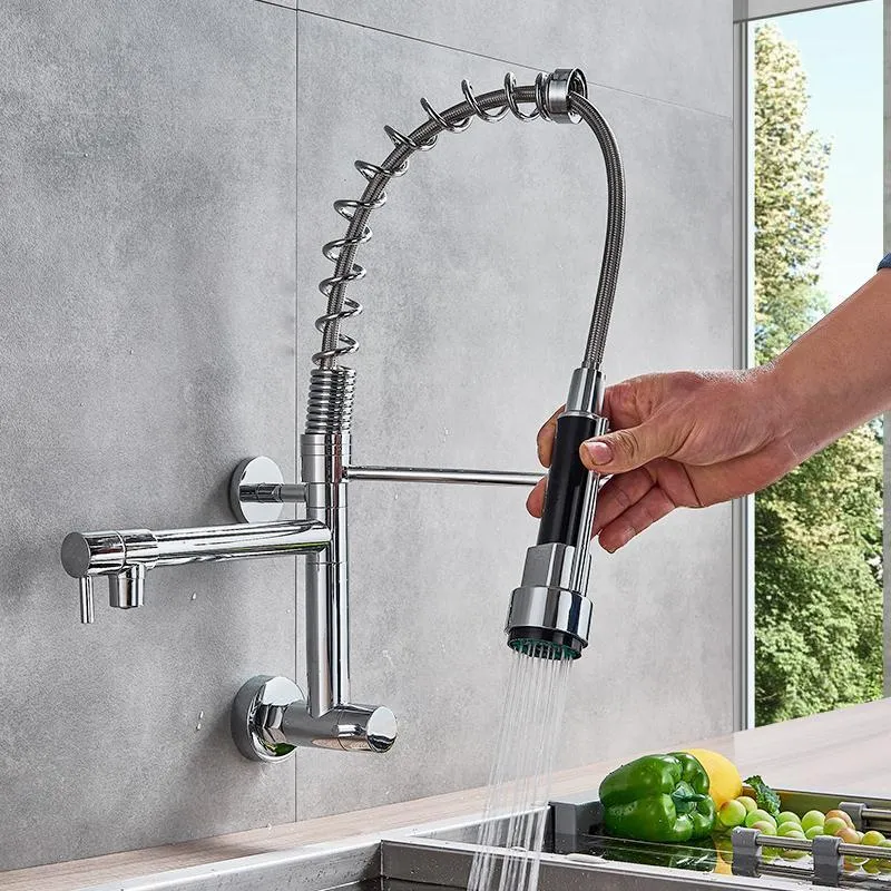 quyanre wanfan wall mounted chrome spring kitchen faucet dual spout single handle mixer tap kitchen sink faucet1