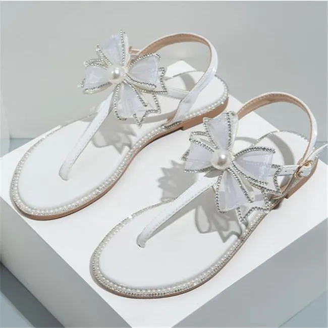 Frauen Sommer Sandalen Big Bowknot Flip Flops Strand Alias Femininas Designer Flache Sandale Mode Diamant Perle Hausschuhe