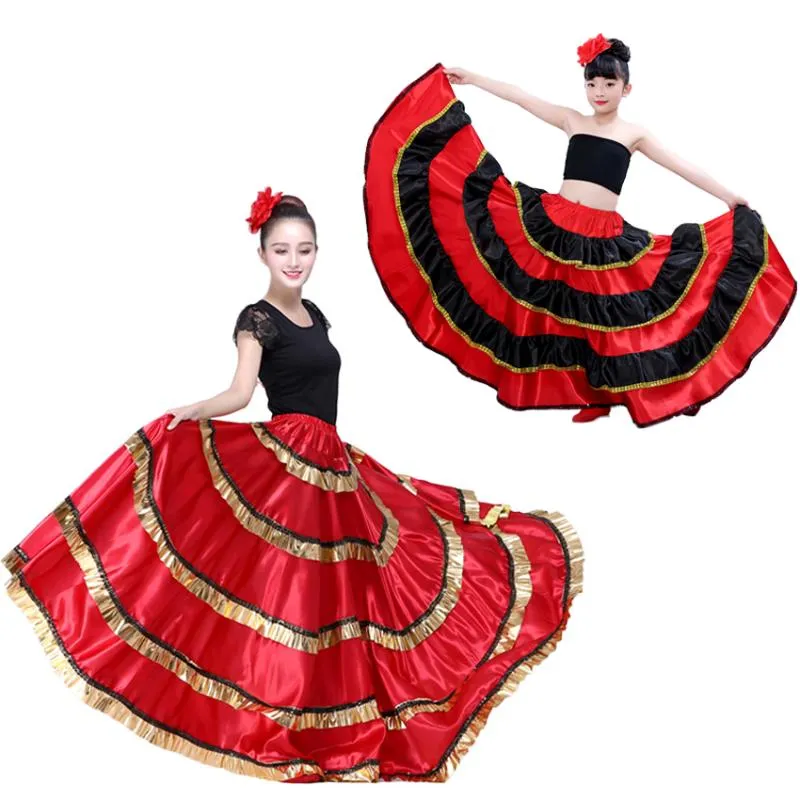 Sahne Aşınma Yetişkin Çocuklar Kadın İspanyol Flamenko Etek Kadın Çingene Kızlar Oryantal Dans Kostümleri Kırmızı Siyah Çizgili Büyük Salıncak Elbise
