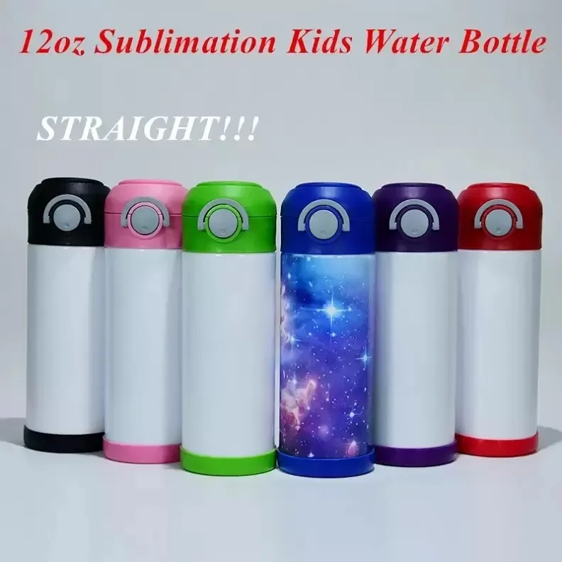 Spot Varor 12oz Sublimation Kids Vattenflaska Straight Sippy Cups Straw Flaskkolv för Rostfritt Stål Vakuumisolerad Resor Kaffekopp med handtagskåpa