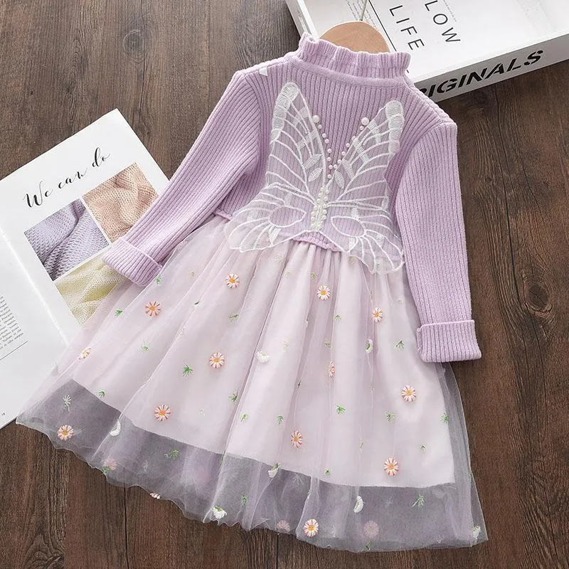 Mädchenkleider 2-6 Jahre Baby Mädchen schöne Prinzessin Kostüme Herbst Winter Blumen Schmetterling Applikationen Kinder schick niedliche Partykleidung