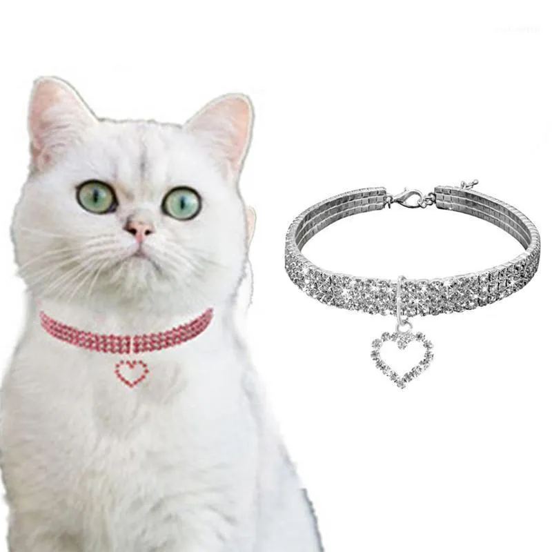 Cat Collars & Leads Crystal Pet Necklace Heart Cats Dogs Shiny Accessories Adjustable Bling Collar For Puppy