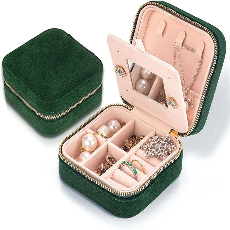 Velvet Travel Jewelry Box Packaging Display Organizer Zipper Jewellery Case Wedding Gift Boxes with Mirror