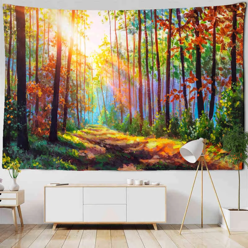 Tapestry retro tinta de óleo bela floresta paisagem natural parede de tapete pendurada