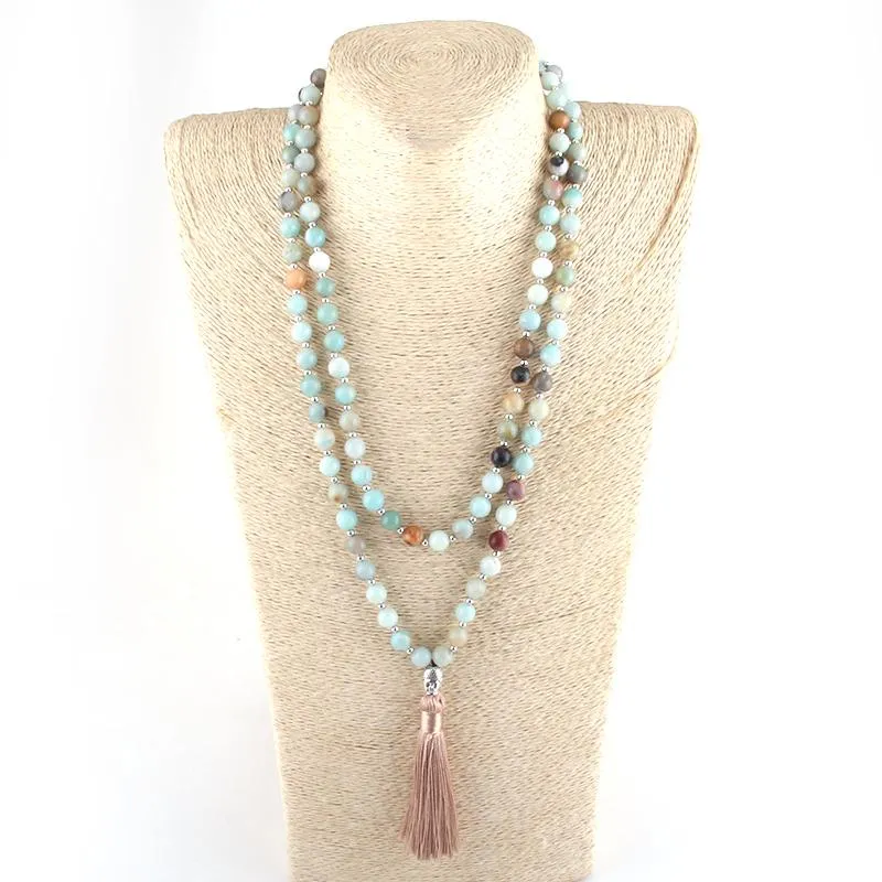 Pendanthalsband RH Fashion Yoga Jewelry 8mm 108 st Beaded Amazonite Stone Buddha Charm Mala Necklace For Women Lariat