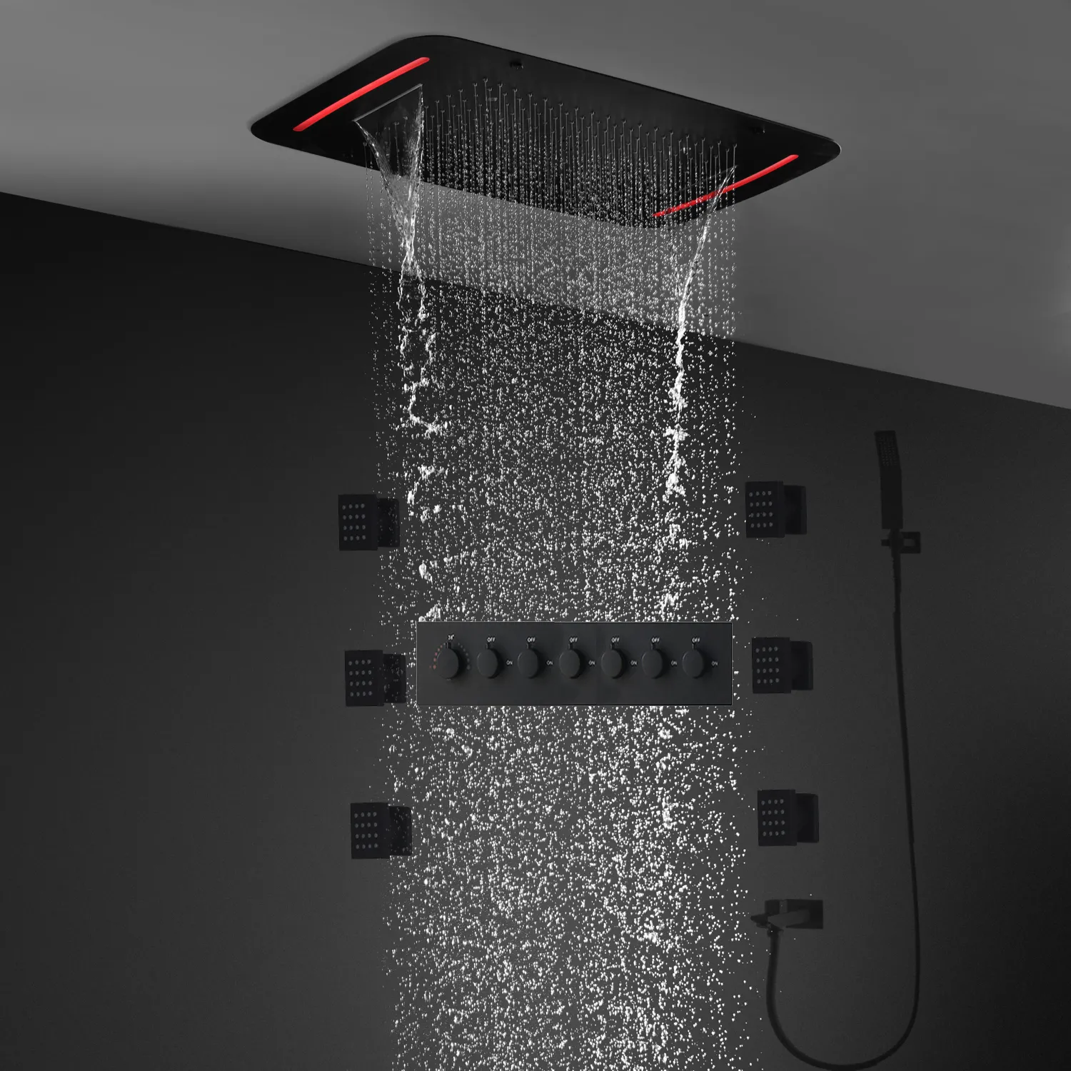 Ensemble de douche de cascade de plafond de luxe de salle de bains 710X430MM Kits de pommeau de douche de pluie LED Facuets thermostatiques de valve avec le jet latéral