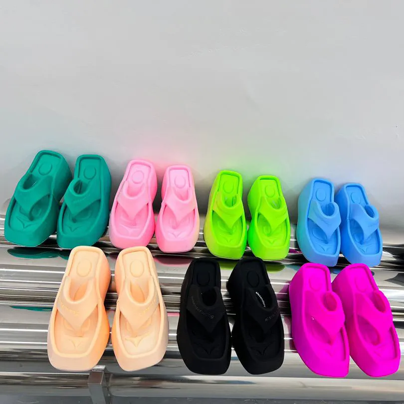 Designer Slippers Taji Lycra Platform Sandals Square Toes Raised Letters Slides Rubber outsole fabric flocking Sandal Thick Bottom Muffin Slipper