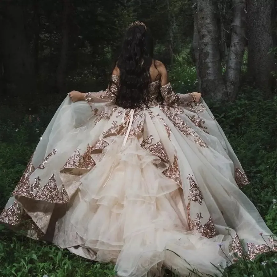 rose gold glitter quinceanera dress Glitter Rose Gold Quinceanera Dress Bow Off Shoulder Beads Shiny Sweet 16 Dress