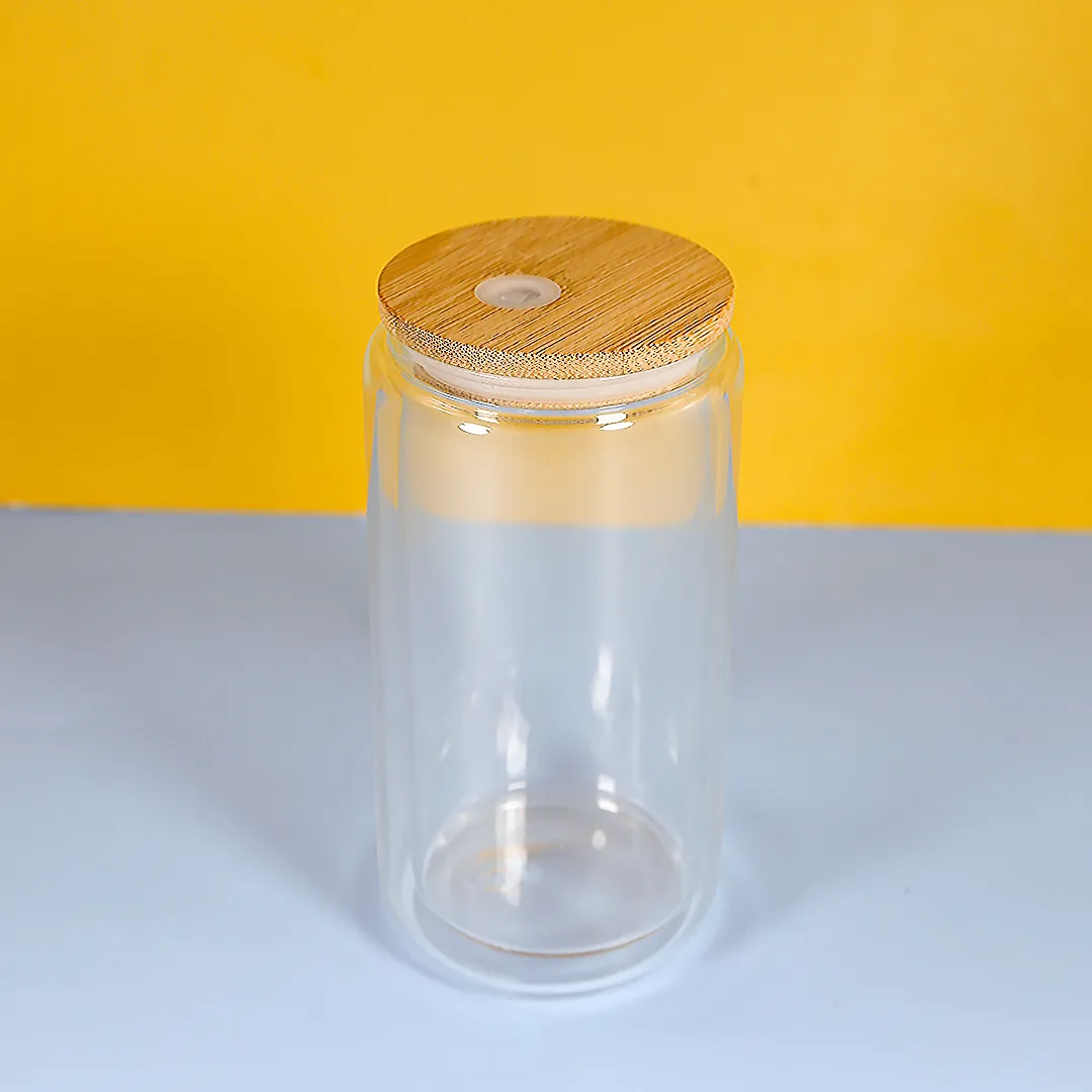 16 unz sublimacja przezroczystą podwójną warstwową szklaną szklane kubki do butelki z przenoszeniem termicznego szklanego kubka z bambusową pokrywką słomkę DIY COL Can Soda Picie Cup B6