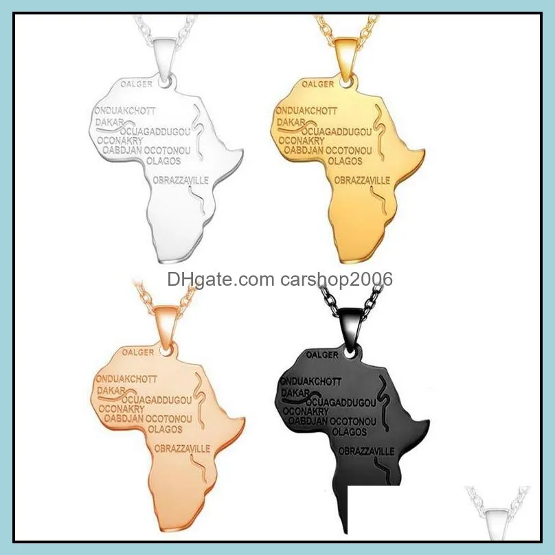 Hip Hop Africa Map Pendant Necklace Men Silver Rose Gold Black Lettering African charm Link chain For women