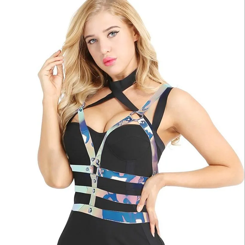 Sexy Costumes Mode PVC Holographique Collier Ras Du Cou Ceinture Harnais Débardeur Femmes Évider Laser Crop Top Rave Festival