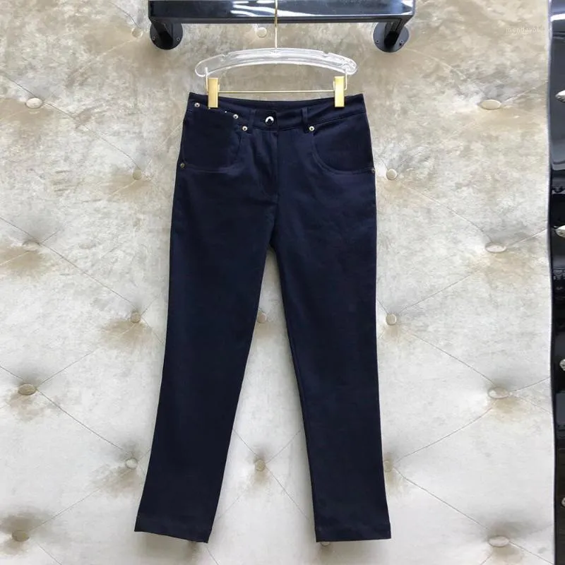 Women's Jeans Casual Cotton Navy Denim Pants Women 2022 Runway Design High Waist Straight Elegant Lady Ankle-length Trousers