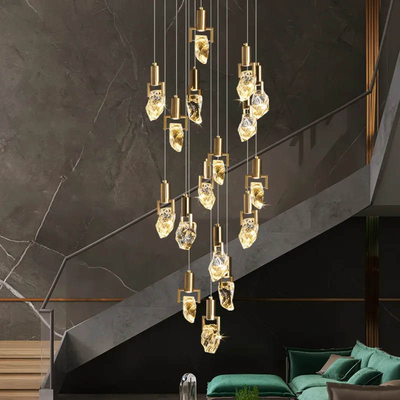 Modern Diamond Crystal Chandelier Lamps For Staircase Living Room Long LED Cristal Hanging Light Fixtures Gold Home Decor Luminaire