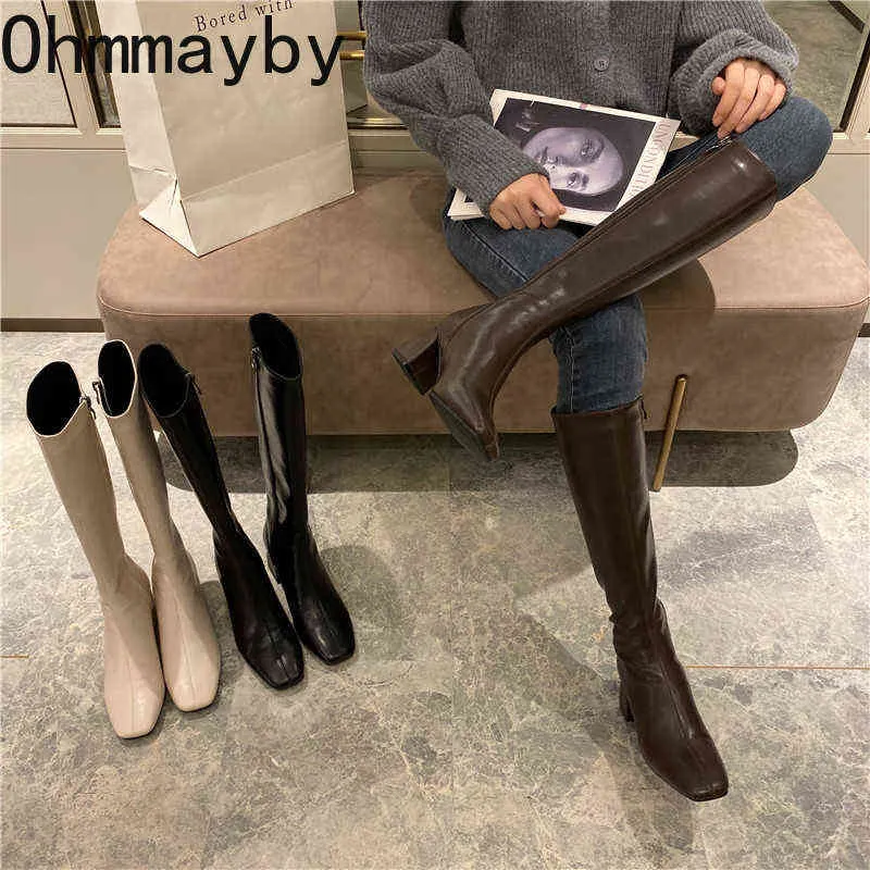 Slim Woman Knight Kneehigh Boots Square 6cm Heel Ladies Zippers Fashion Soft Leather Winter Long Shoes For Women 220802