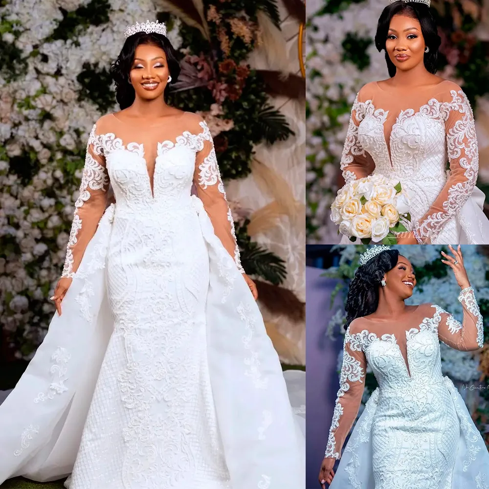 Arabie saoudite robe de mariée sirène avec train détachable col transparent à manches longues grande taille robes de mariée en dentelle robes de mariée