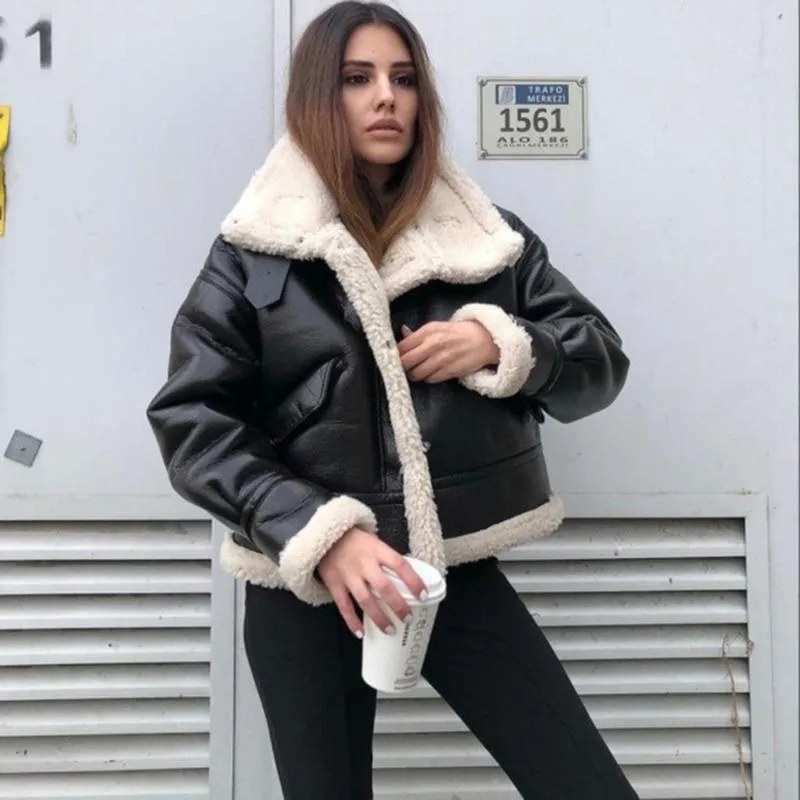 Vestes femme XIKOM 2022 hiver noir femmes veste en cuir avec col en fourrure poches Streetwear chaud surdimensionné fermeture éclair