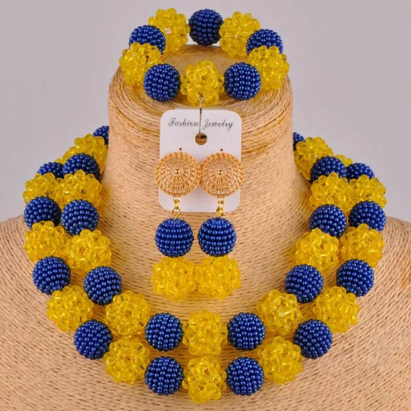 Earrings & Necklace Royal Blue And Yellow African Jewelry Set Nigerian Beads Costume FZZ94Earrings EarringsEarrings