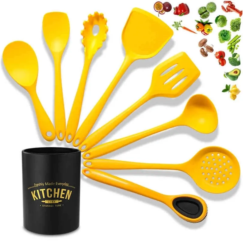 New Arrival Silicone Kitchen Tools Set Cooking Tools Utensils Set Heat Resistant Spatula Shovel Soup Spoon With Storage Box 210326