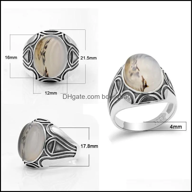 Cluster Rings Turkey Handmade 925 Sterling Silver Natural Agate Stone Men Ring Onyx Thai Craft Finger For Male Women Fine Jewelry