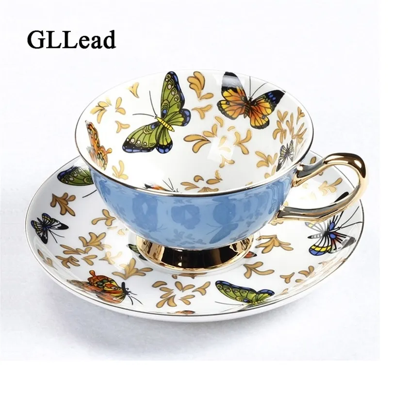 GLLead Bone China Coffee Cup Sets Colorful Butterfly Ceramic Tea Cups And Saucers British Office Teacup Porcelain Nice Gift T200523