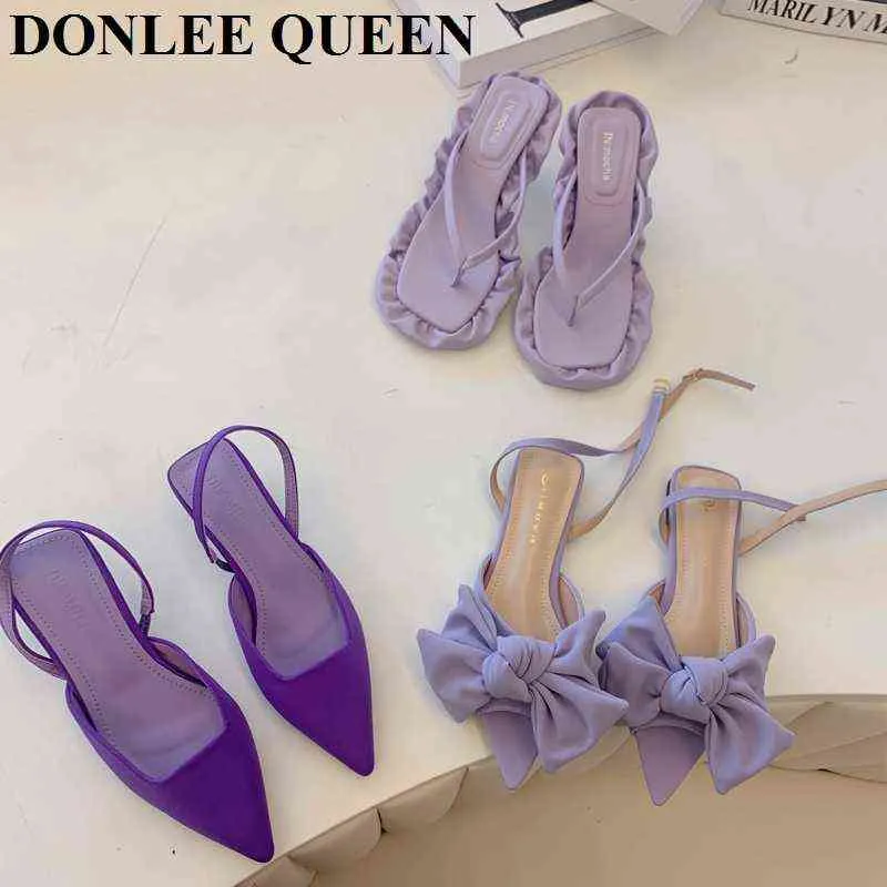 Slippers Female Flipflop Sandals Women Stiletto Open Toe Purple Bow Knot High Heels 2022 Fashion Roman Sandal Elegant Mule Slipper Slide 220514