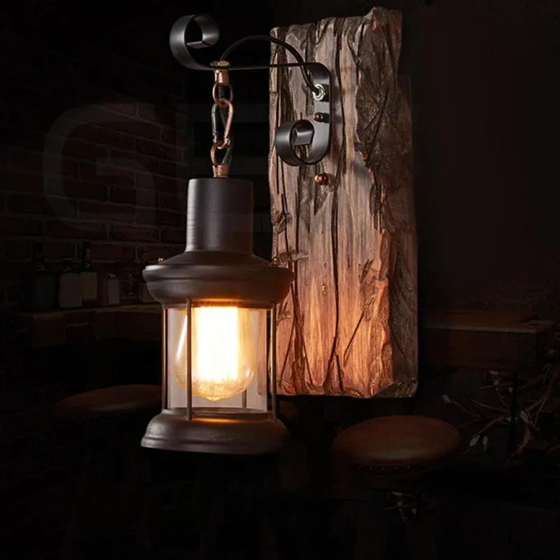 Lampa ścienna pojedyncza głowa przemysłowe drewno światło e27 solidne baza rustykalna arty