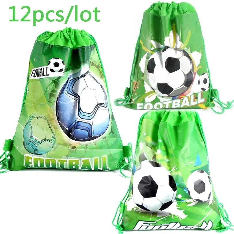 12pcs / lot Football Thème Sac À Dos Joyeux Anniversaire Fête Non-tissé Tissus Ballon De Football Cordon Cadeaux Sac Baby Shower Mochila 220427