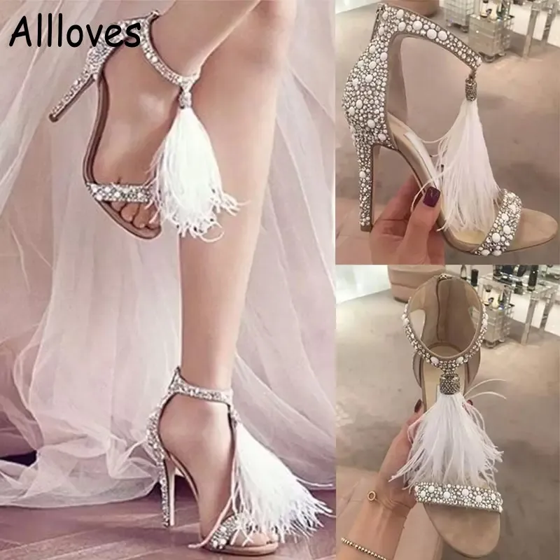 Fabulous Pearls bont trouwschoenen Major Beading High Heel Women Sandalen Open Teen Feather Summer Ladies Sandaal Prom Party Shoe Al9124
