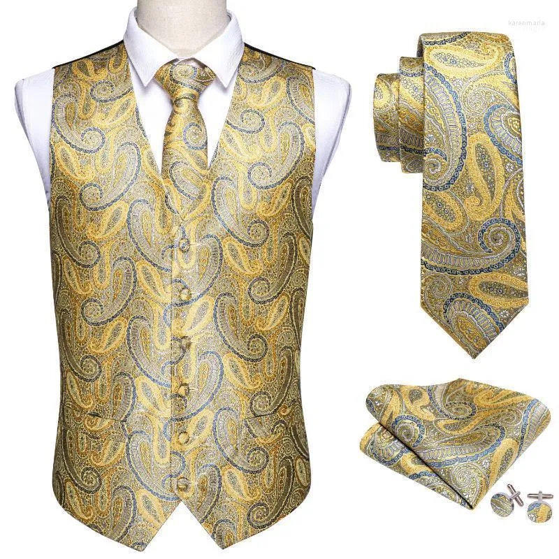 Men's Vests Barry.Wang Men Suit Yellow Paisley Waistcoat Silk Tailored Collar V-neck Check Male Vest Tie Set Formal Leisure M-2050 Kare22