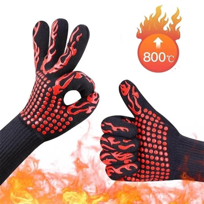 1Pair BBQ Handschoenen Hoge temperatuur Weerstand Oven Mitts 500 800 graden brandwerende barbecue warmtisolatie Microgolf 220510