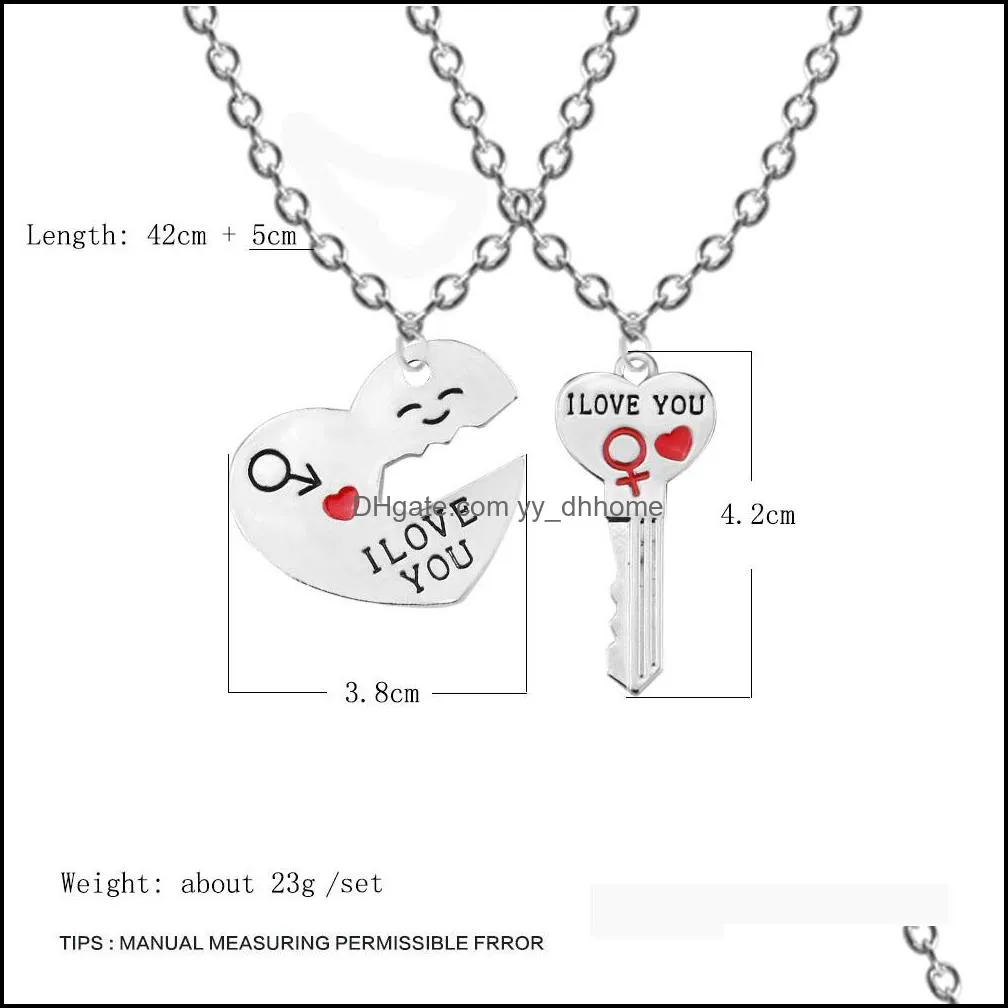 2pcs/set Necklace Charming Jewelry I Love You Letter Heart Key Pendant Necklaces Sweater Chains Fashion Gift