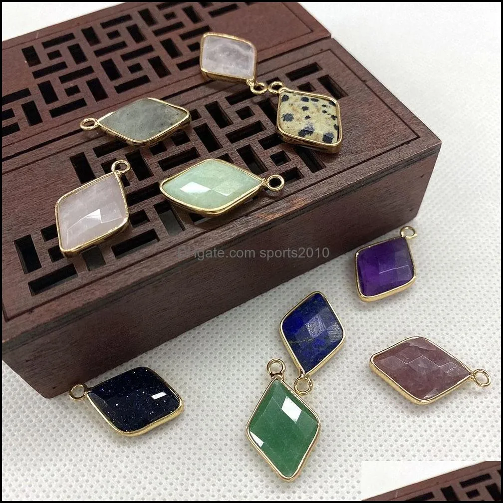 15x25mm natural crystal stone rhombus charms green blue rose quartz pendants gold edge trendy for necklace earrings jewelry sports2010