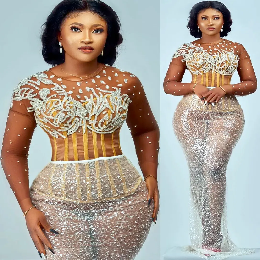 Plus La Taille Arabe Aso Ebi Ivoire Sirène Sexy Robes De Bal Perles Cristaux Dentelle Soirée Formelle Deuxième Réception Anniversaire Robes De Fiançailles Robe