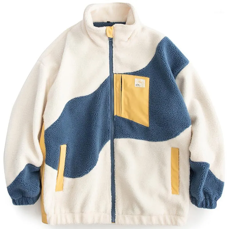Jackets masculinos lacível harajuku colorl bloquear zíper jaqueta de lambool masculino homem sherpa lã de algodão de algodão acolchoado streetwearwear