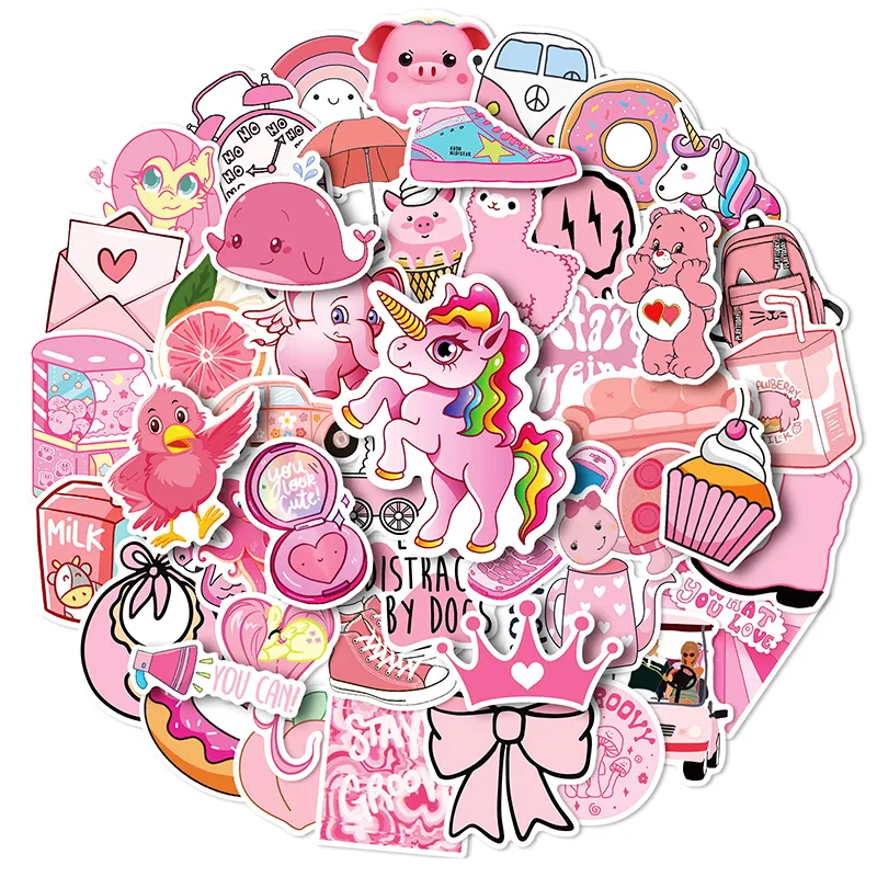 50 pièces dessin animé rose fille graffiti enfants autocollant téléphone ordinateur portable skateboard voiture autocollants pack pour bagages guitare casque tasse d'eau autocollant