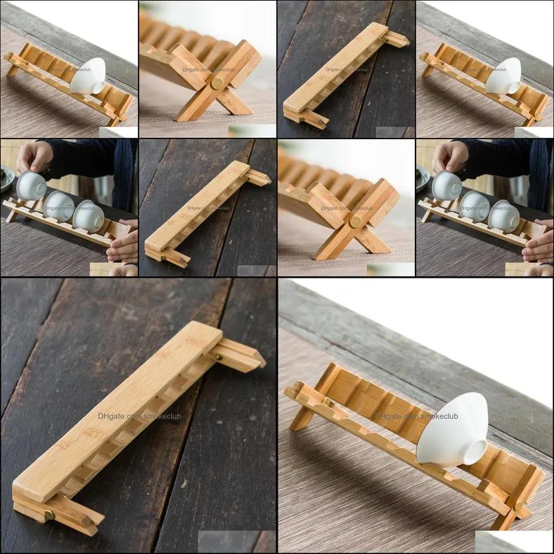 Bamboo Foldable Gongfu Tea Mug Rack & Holder Cup Shelf 6 Slots