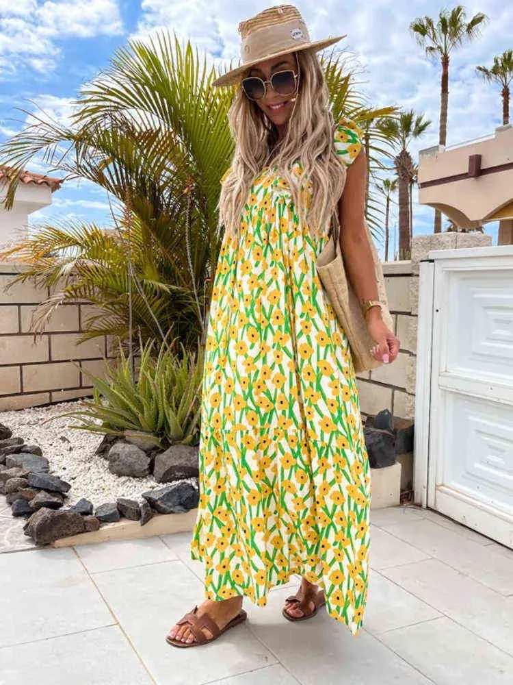 여성 우아한 꽃 인쇄 Boho Maxi 드레스 2022 Summer Square Collar Ruffle Sleeve Backless A-Line Splic Beach Dress Robe Femme G220510
